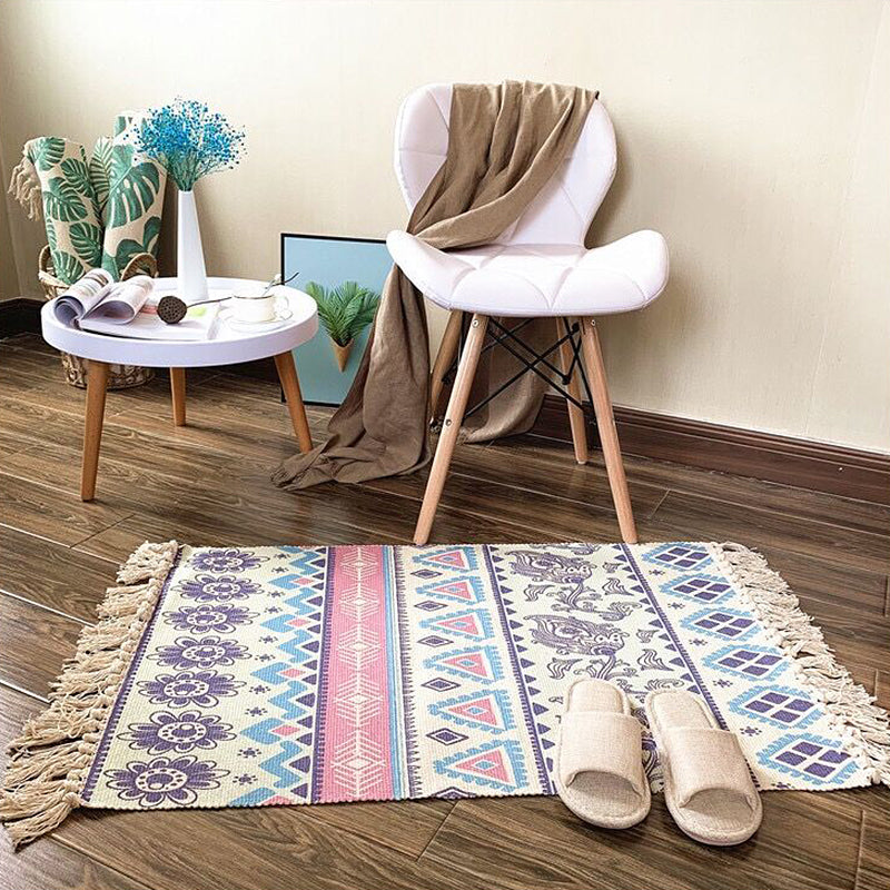 Unique Tribal Pattern Rug Multicolor Southwestern Rug Cotton Washable Non-Slip Pet Friendly Carpet for Living Room