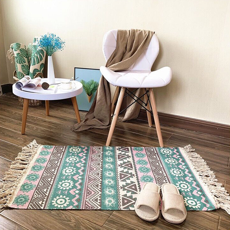 Unique Tribal Pattern Rug Multicolor Southwestern Rug Cotton Washable Non-Slip Pet Friendly Carpet for Living Room