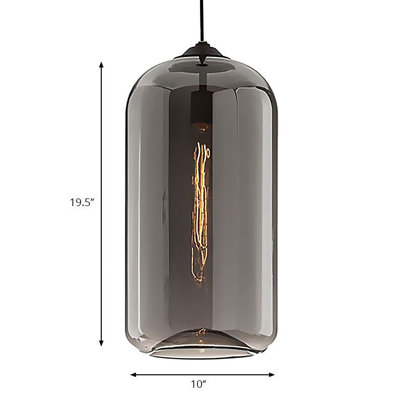 8"/10" Wide Clear/Amber/Smoky Glass Cylindrical Pendant Light Contemporary 1 Light Black Hanging Lamp Fixture
