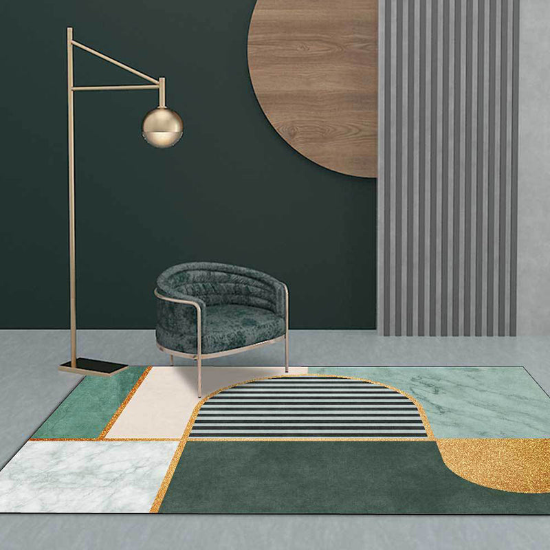 Green Contemporary Area Rug Polyester Geometry and Striped Pattern Rug Pet Friendly Washable Non-Slip Area Rug for Drawing Room