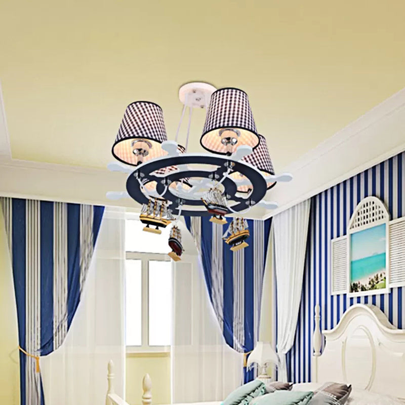Rudder Study Room Chandelier with Plaid Shade & Ship Wood 4 Lights Nautical Pendant Light