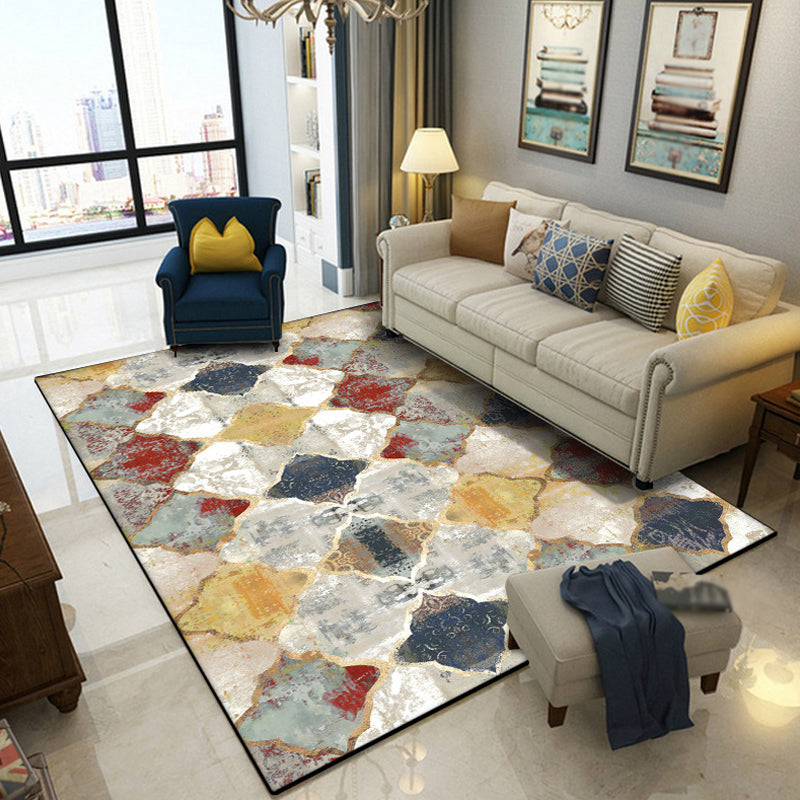 Multicolor Geometrical Ogee Indoor Rug Synthetics Moroccan Rug Anti-Slip Backing Rug for Decoration