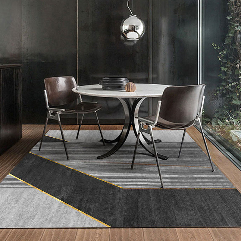 Black Geometry Pattern Rug with Stripe Polyester Modernist Area Rug Washable Anti-Slip Backing Rug for Study