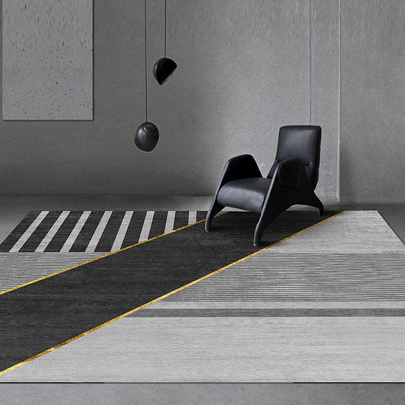 Black Geometry Pattern Rug with Stripe Polyester Modernist Area Rug Washable Anti-Slip Backing Rug for Study