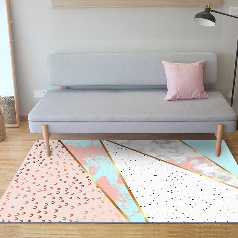 Decorative Geometric Pattern Rug with Spots Pink Nordic Rug Polyester Washable Non-Slip Carpet for Sitting Room