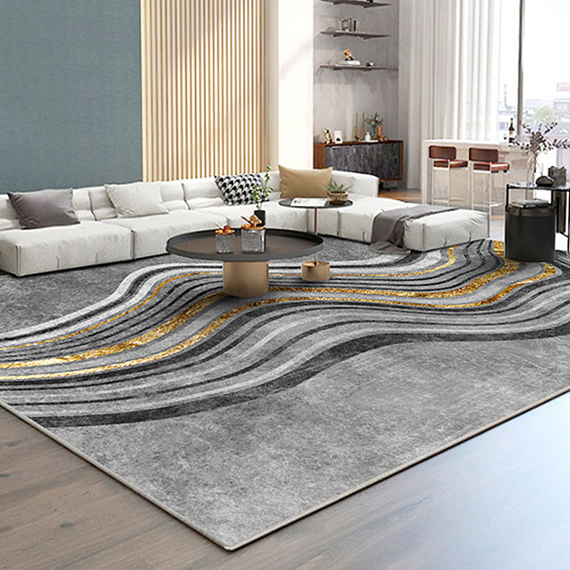 Modern Bedroom Rug Grey Abstract Swirl Stripe Pattern Rug Polyester Washable Non-Slip Pet Friendly Carpet