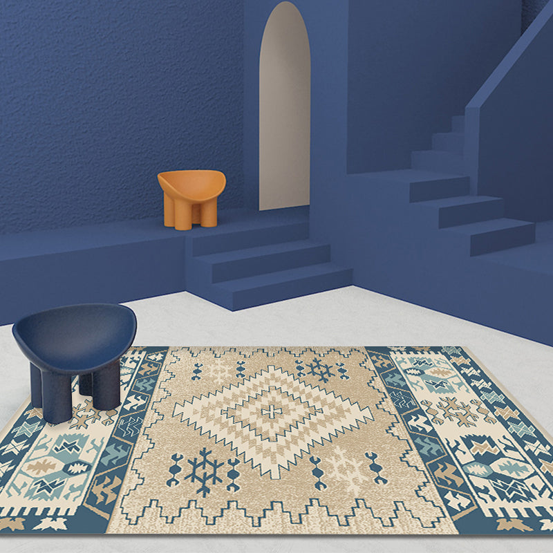 Brauner und blauer Bohemian Teppichsynthetik Tribal Rhombus Muster Teppich Haustierfreundlicher waschbarer Rutschbereich Teppich für die Dekoration