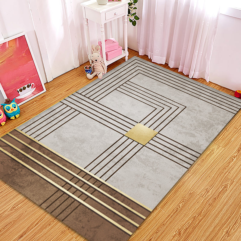 Grey and Camel Modern Rug Polyester Geometric and Stripe Pattern Rug Pet Friendly Washable Non-Slip Area Rug for Drawing Room