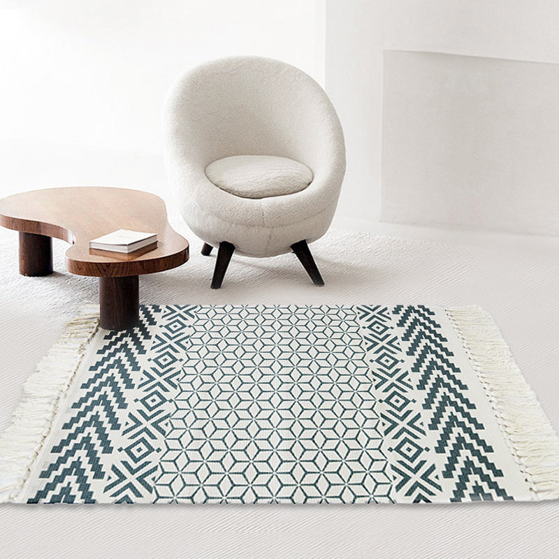 White and Blue Bedroom Rug Southwestern Tribal Striped Pattern Rug Cotton Anti-Slip Backing Washable Area Rug