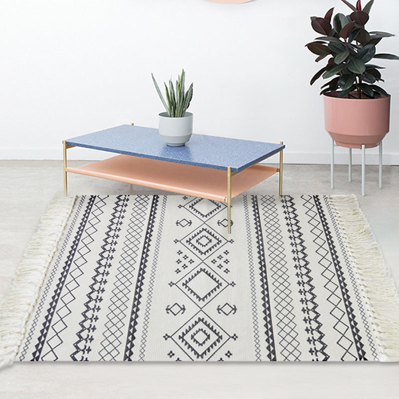 White and Blue Bedroom Rug Southwestern Tribal Striped Pattern Rug Cotton Anti-Slip Backing Washable Area Rug