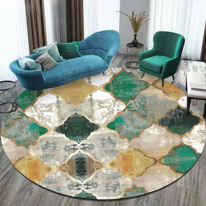 Moroccan Geometric Pattern Rug Green Polypropylene Carpet Anti-Slip Pet Friendly Washable Rug for Parlor