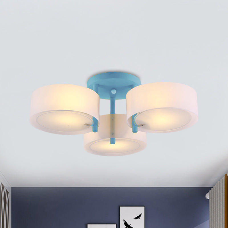 Macaron Semi Flush Mount Drum Light Shade 3 lumières Plafond de plafond en verre givré pour chambre d'enfant