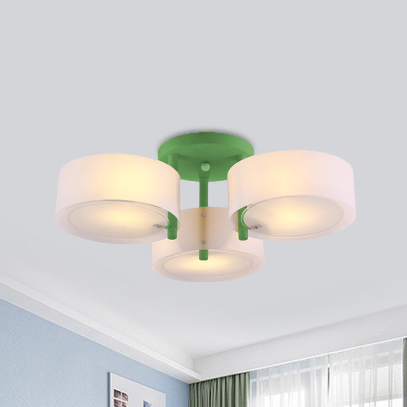 Macaron Semi Flush Mount Drum Light Shade 3 lumières Plafond de plafond en verre givré pour chambre d'enfant