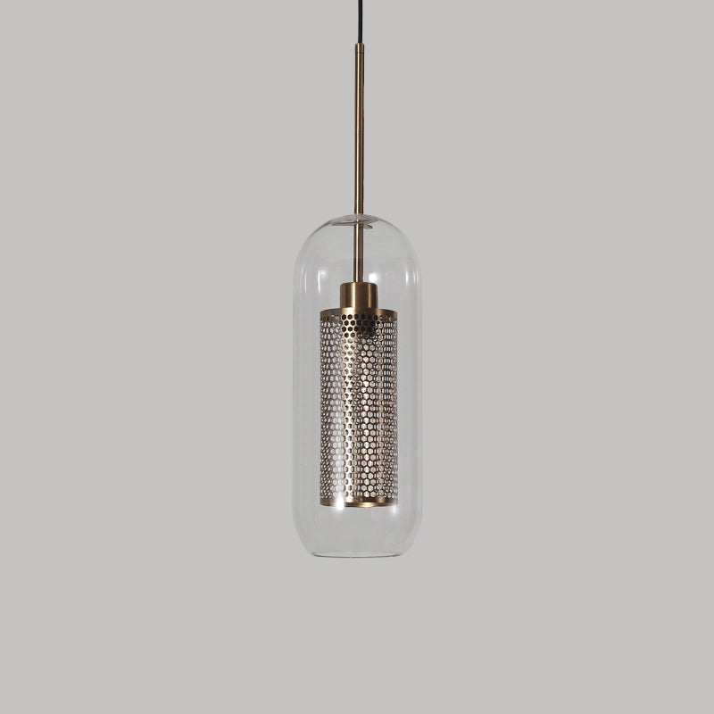 Capsule Shape Hanging Light 1 Light Modern Clear Glass Ceiling Lamp with Mesh Screen for Balcony