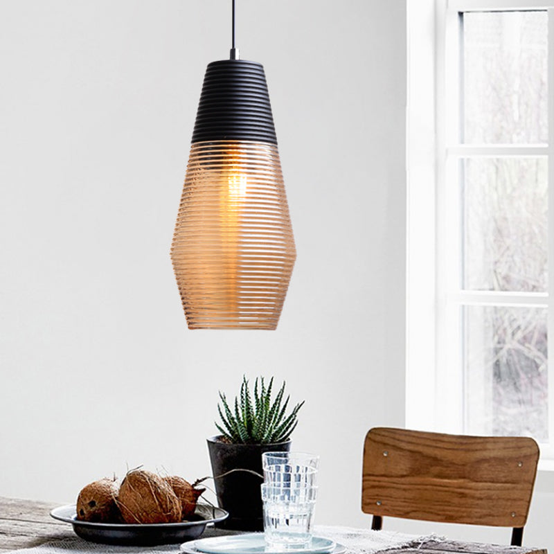 Hotel Dining Table Hanging Light Ridged Glass Single Light Contemporary Pendant Light in Amber