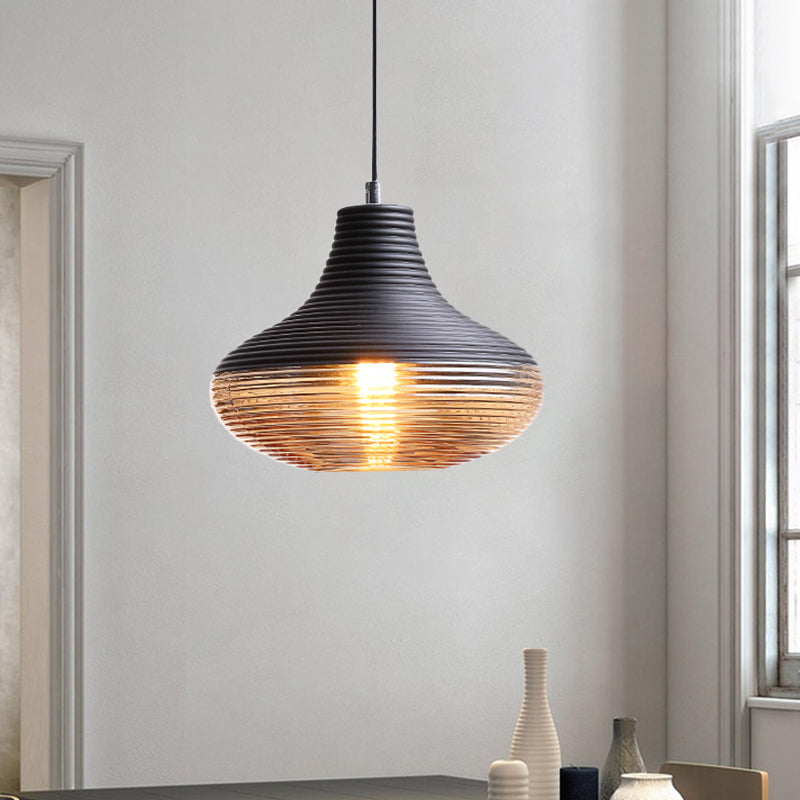 Hotel Dining Table Hanging Light Ridged Glass Single Light Contemporary Pendant Light in Amber