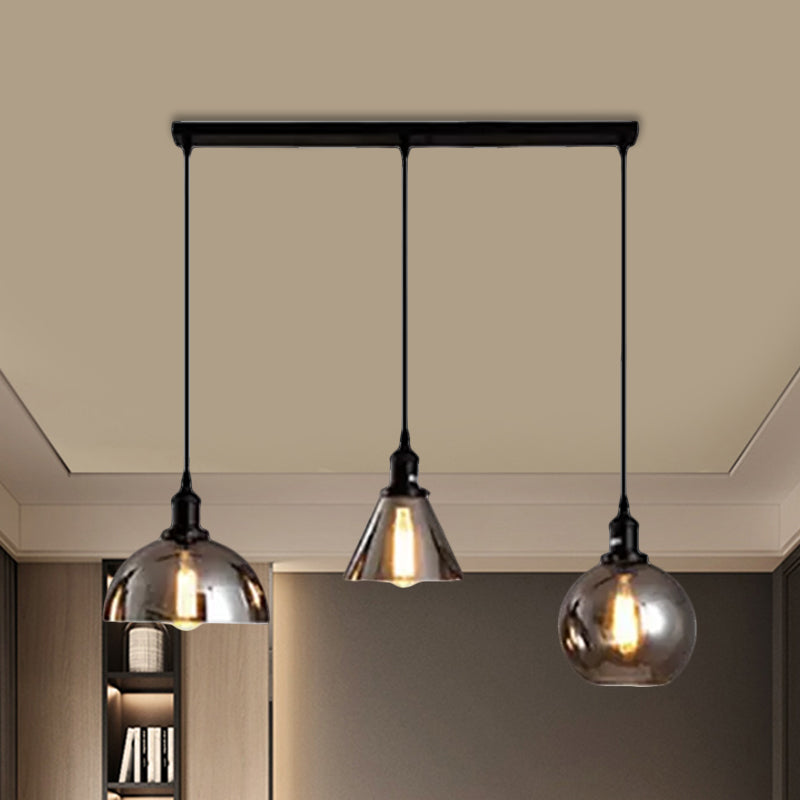 Black 3/4 Lights Multiple Hanging Light Industrial Smoked Glass Geometric Shade Cluster Pendant, Linear/Round Canopy