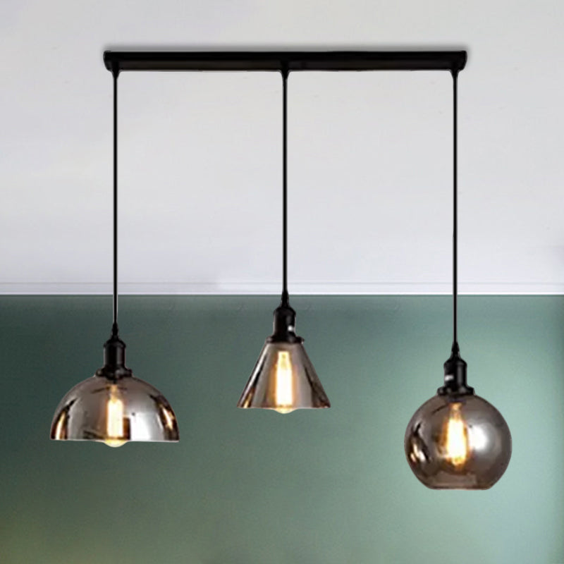 Black 3/4 Lights Multiple Hanging Light Industrial Smoked Glass Geometric Shade Cluster Pendant, Linear/Round Canopy