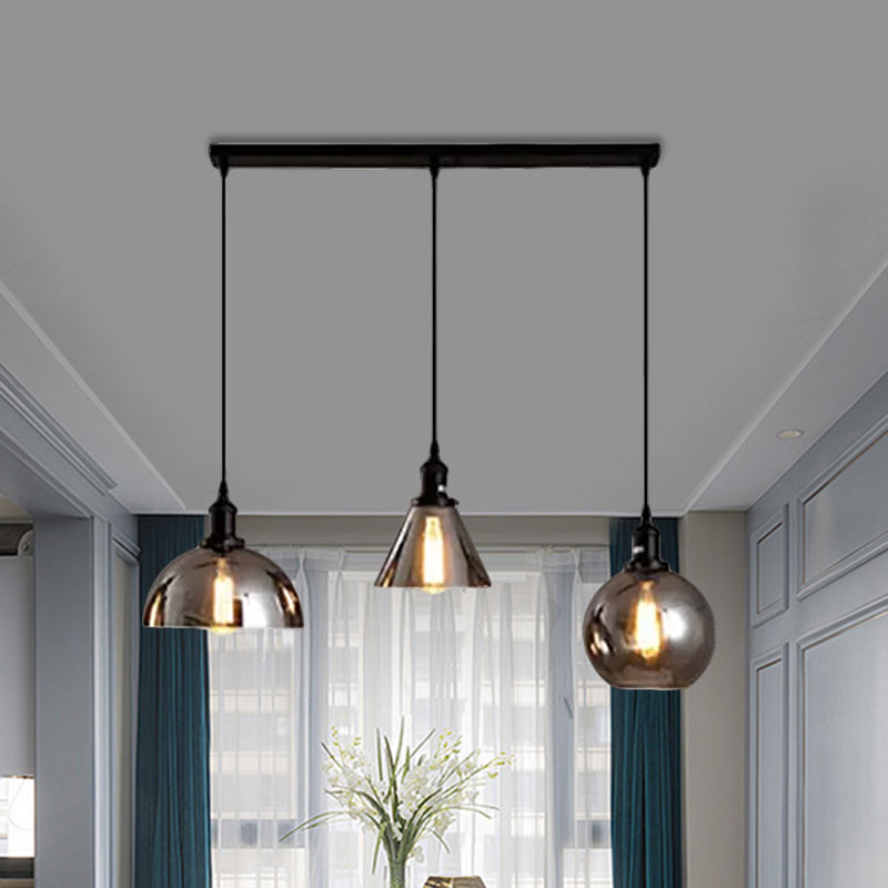 Black 3/4 Lights Multiple Hanging Light Industrial Smoked Glass Geometric Shade Cluster Pendant, Linear/Round Canopy