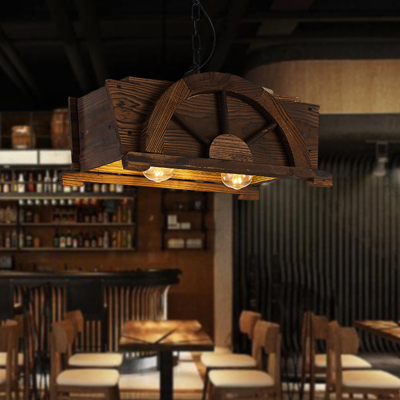 Brown Wood Rectangle Hanging Light 2-bulb Antique Ceiling Fixture for Restaurant