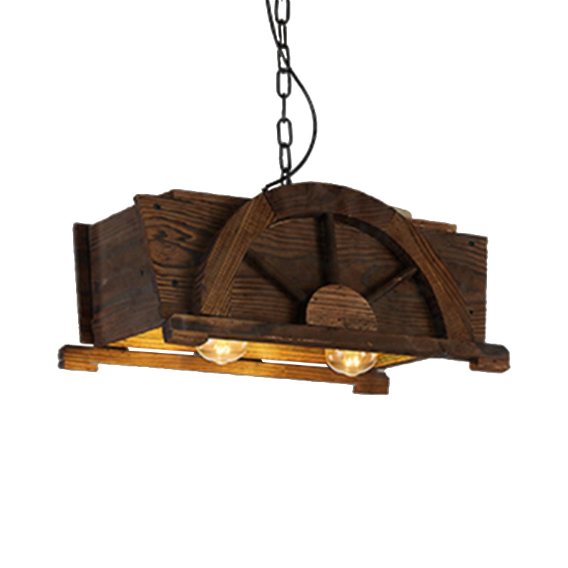 Brown Wood Rectangle Hanging Light 2-bulb Antique Ceiling Fixture for Restaurant