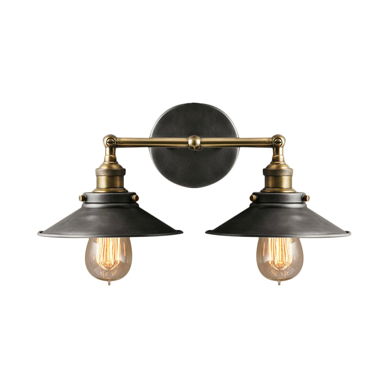 2 Heads Sconce Lamp Farmhouse Style Conical Shade Wrought Iron Wall Light Fixture in Antique Black