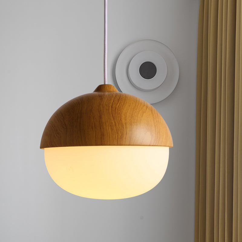 1 Light Nut Shaped Hanging Light Japanese Style Glass & Wood Pendant Light in White for Shop