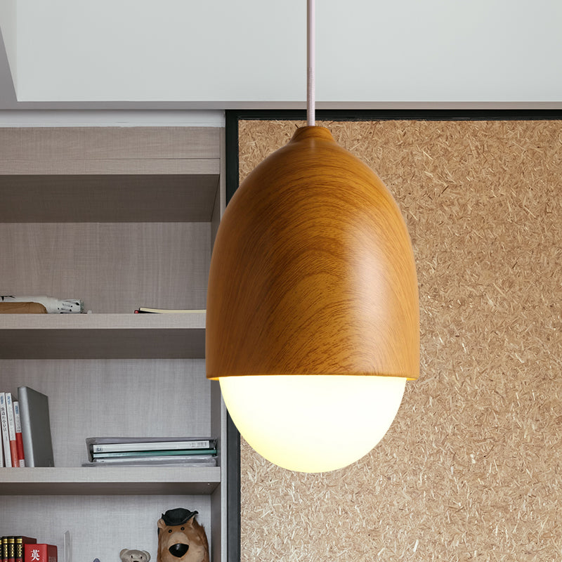 1 Light Nut Shaped Hanging Light Japanese Style Glass & Wood Pendant Light in White for Shop
