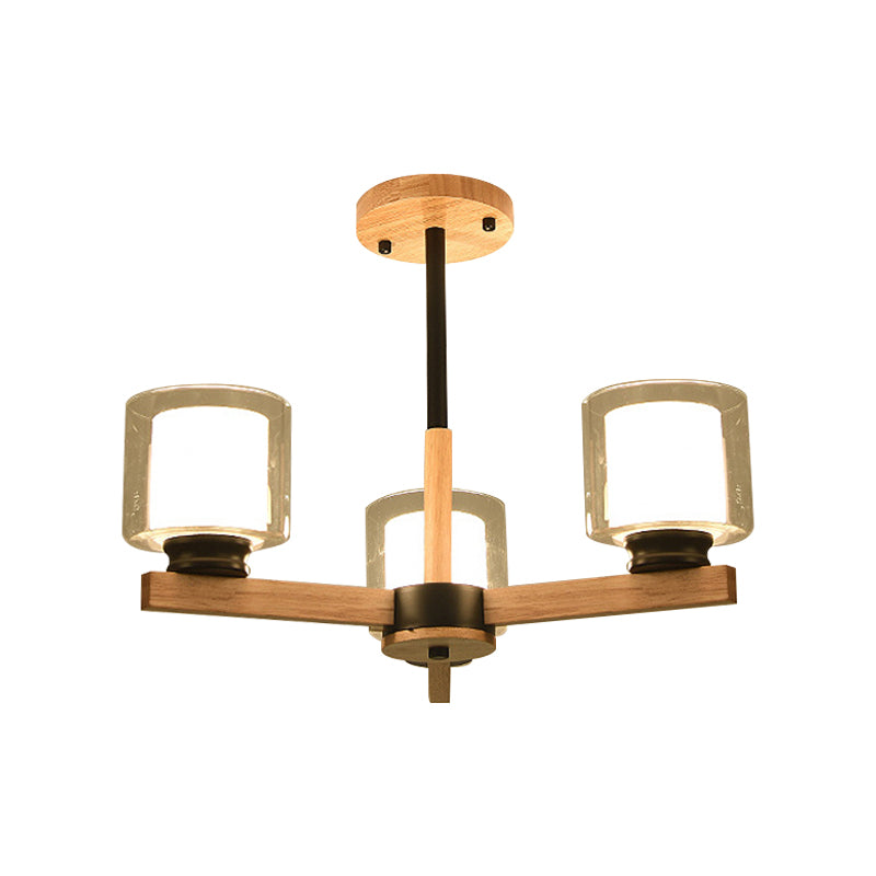 Dubbele glazen cilinderschaduw hangende kroonluchter 3/6 licht houten plafondlamp voor woonkamer