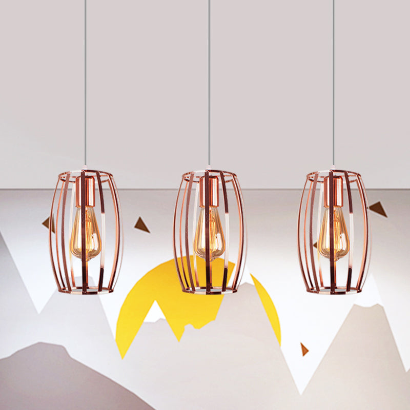 Eisenkupfer Hanging Lampe Ovaler Käfig Schatten 3 Lampen Industrielle stilvolle Deckenbehandlung mit runden/linearen Baldachin für Schlafzimmer