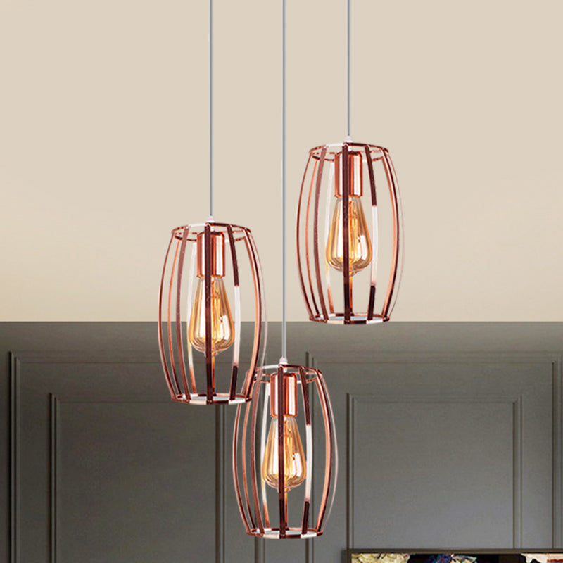 Eisenkupfer Hanging Lampe Ovaler Käfig Schatten 3 Lampen Industrielle stilvolle Deckenbehandlung mit runden/linearen Baldachin für Schlafzimmer
