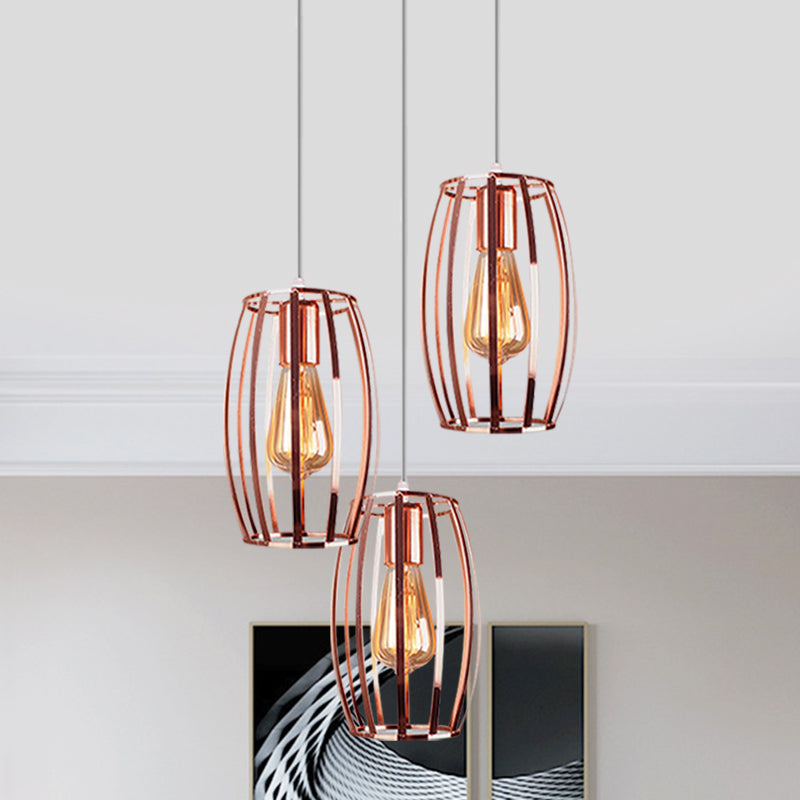 Eisenkupfer Hanging Lampe Ovaler Käfig Schatten 3 Lampen Industrielle stilvolle Deckenbehandlung mit runden/linearen Baldachin für Schlafzimmer