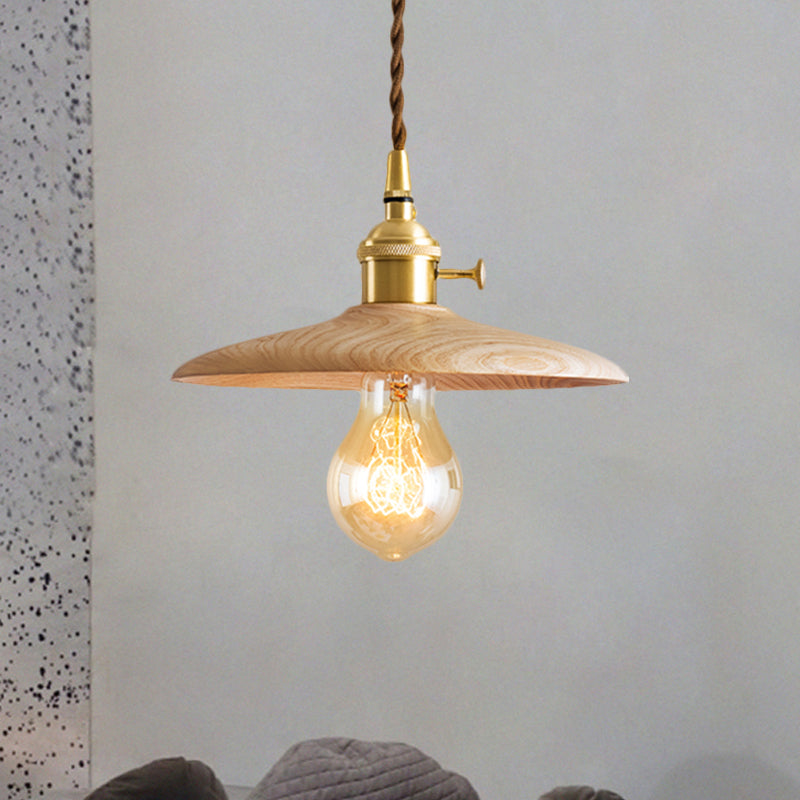 Contemporary Conical Hanging Lamp 1 Light Wood Suspension Light in Brown/Beige for Living Room