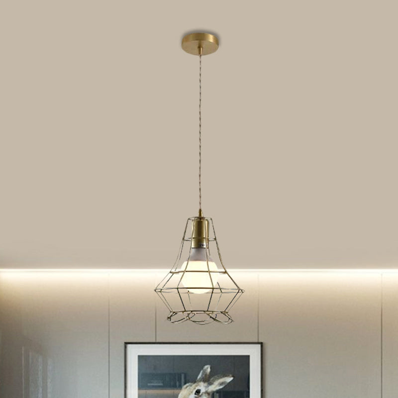 Gold Finish Square/Dreieck Anhänger Beleuchtung Industrial Metall 1 Kopf Esszimmer Hängende Lampe mit Drahtrahmen