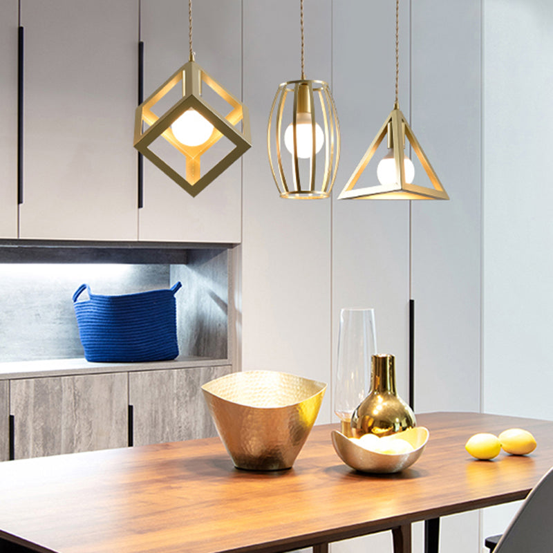 Metal Golden Hanging Lamp Wire Frame 3 Lights Farmhouse Suspended Light with Round/Linear Canopy for Living Room