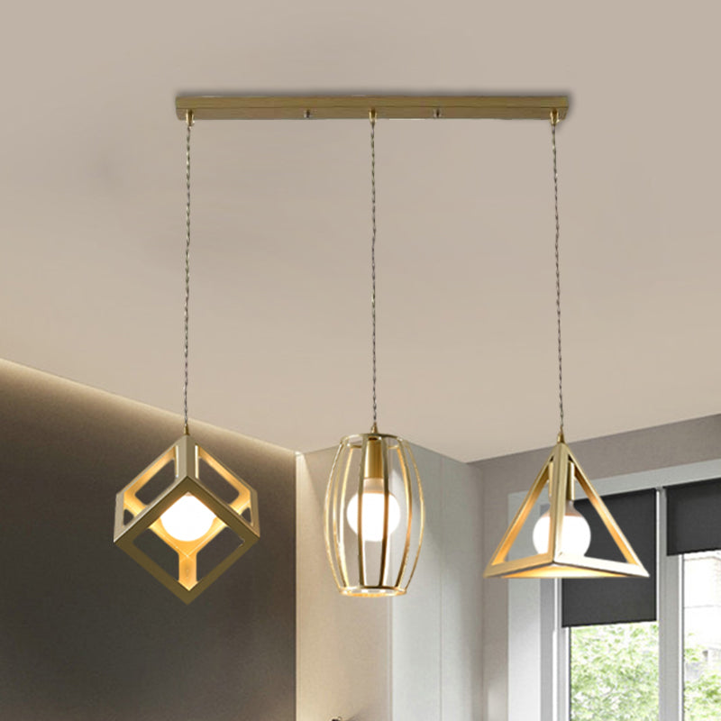 Metal Golden Hanging Lamp Wire Frame 3 Lights Farmhouse Suspended Light with Round/Linear Canopy for Living Room