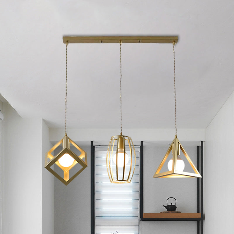 Metal Golden Hanging Lamp Wire Frame 3 Lights Farmhouse Suspended Light with Round/Linear Canopy for Living Room