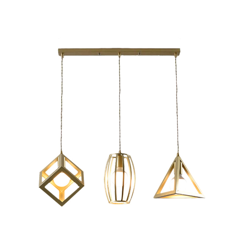 Metal Golden Hanging Lamp Wire Frame 3 Lights Farmhouse Suspended Light with Round/Linear Canopy for Living Room