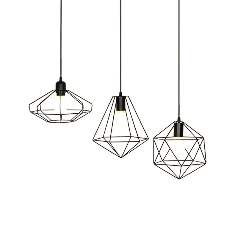 Farmhouse Wire Cage Ceiling Fixture 3 Lights Iron Pendant Light Fixture with Different Shade in Black