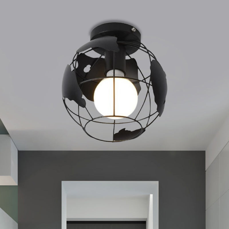 Globe Metallic Flush Mount Light con ombra a gabbia Stile industriale 1 corridoio con soffitto in nero in nero/rosso