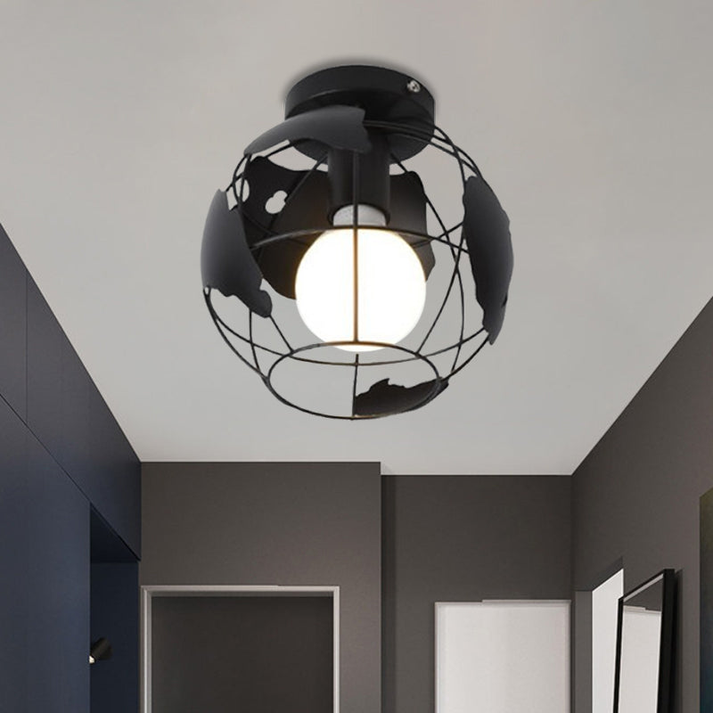 Globe Metallic Flush Mount Light con ombra a gabbia Stile industriale 1 corridoio con soffitto in nero in nero/rosso