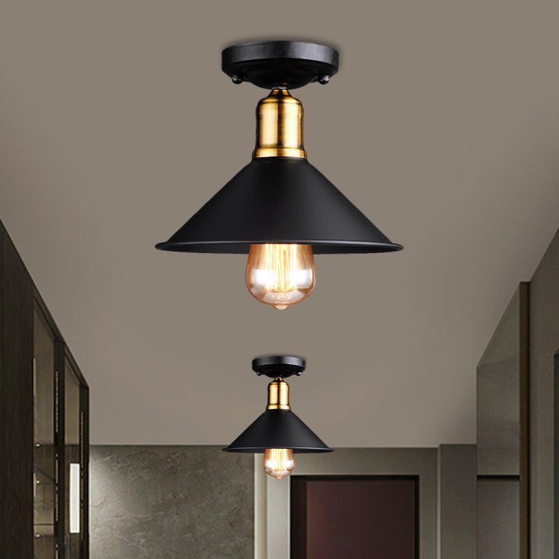 1 Light Conic Semi-Flush Mount Light Vintage Stylish Black/White Metallic Close to Ceiling Lighting