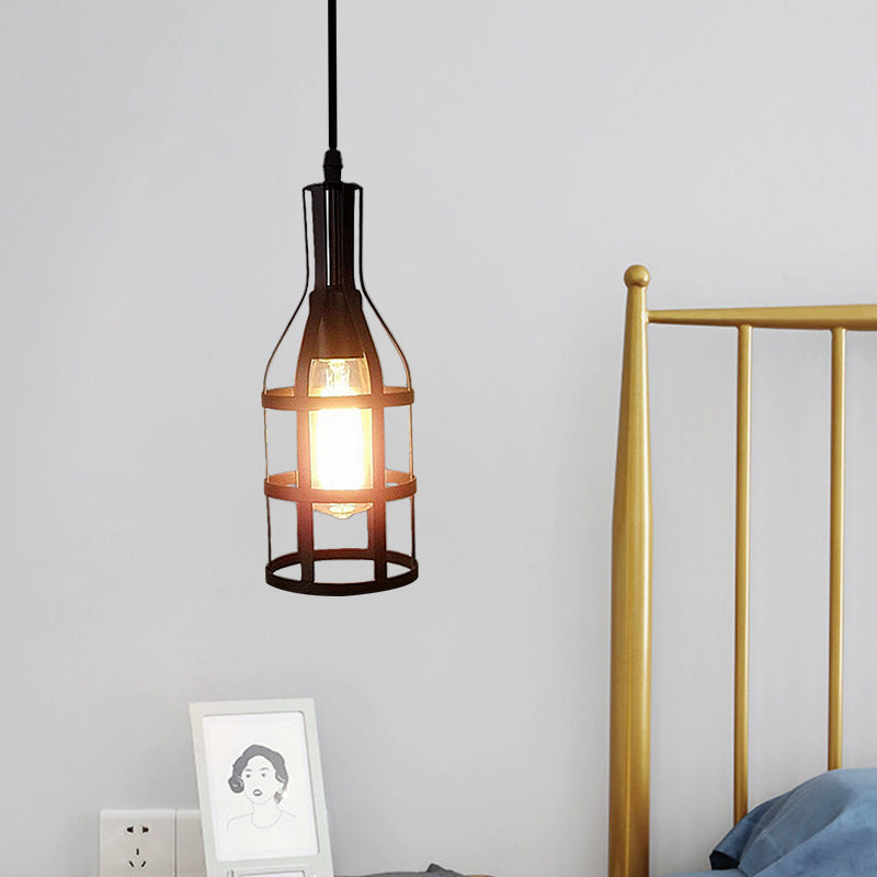 Drahtkäfig -Metallhänge hängendes Industrial 1 Lampenküche Hanges Anhänger Licht mit Weinflaschendesign in Schwarz/antikes Messing