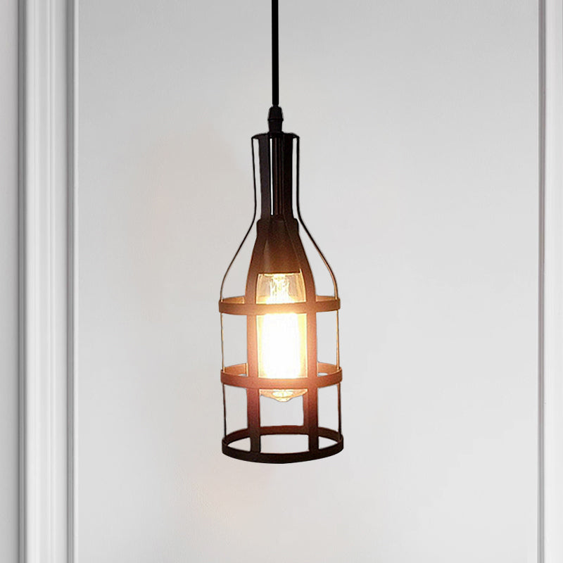 Drahtkäfig -Metallhänge hängendes Industrial 1 Lampenküche Hanges Anhänger Licht mit Weinflaschendesign in Schwarz/antikes Messing