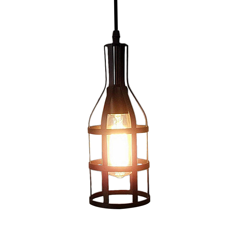 Drahtkäfig -Metallhänge hängendes Industrial 1 Lampenküche Hanges Anhänger Licht mit Weinflaschendesign in Schwarz/antikes Messing