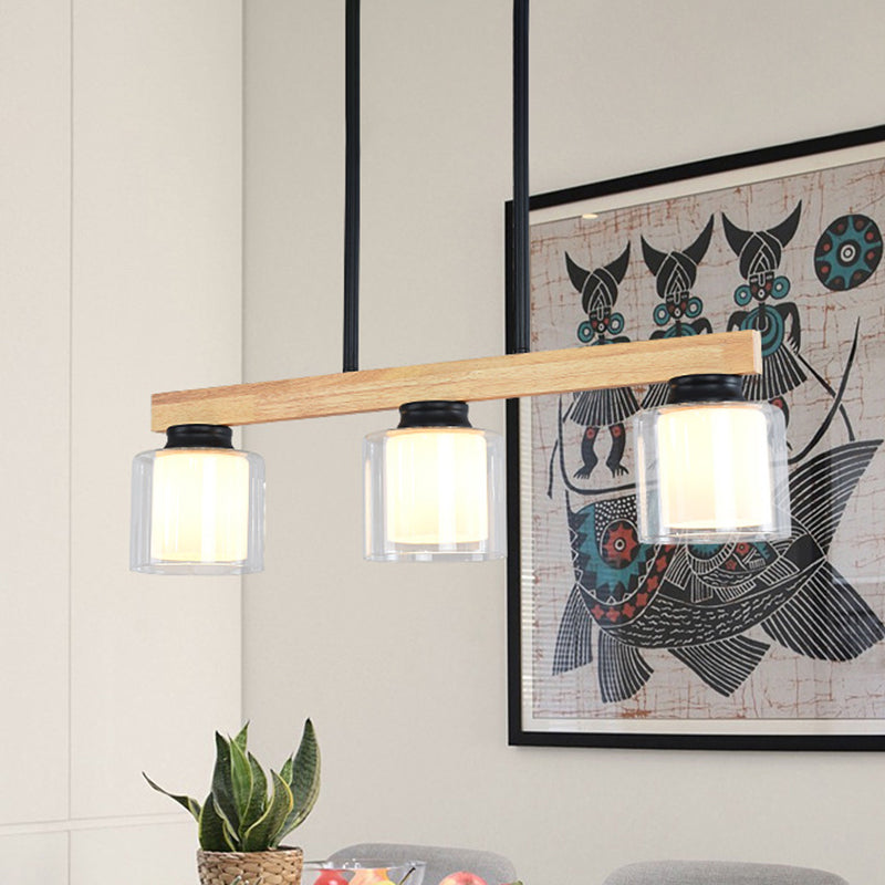 Double Glass Cylinder Shade Island Lighting Restaurant 3/4-Head Nordic Wooden Linear Pendant in White