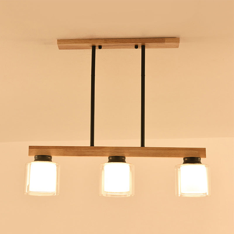 Double Glass Cylinder Shade Island Lighting Restaurant 3/4-Head Nordic Wooden Linear Pendant in White