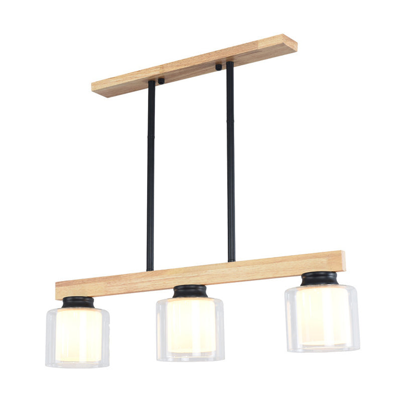 Double Glass Cylinder Shade Island Lighting Restaurant 3/4-Head Nordic Wooden Linear Pendant in White