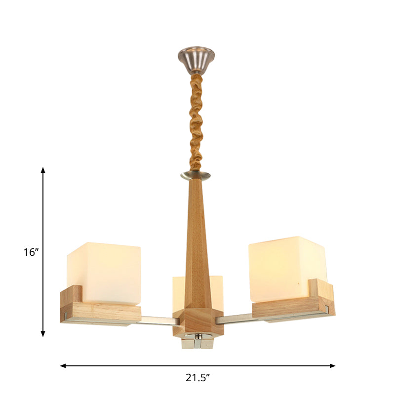 Glass Cube Ceiling Lamp 3/5/8 Heads Nordic Chandelier Lighting in Wood for Living Room