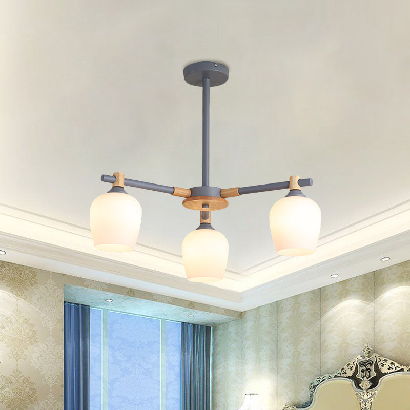 Urn Shade Living Room Hanging Light Fixture Wooden 3/6 Lights Nordic Style Chandelier in Green/Gray/White